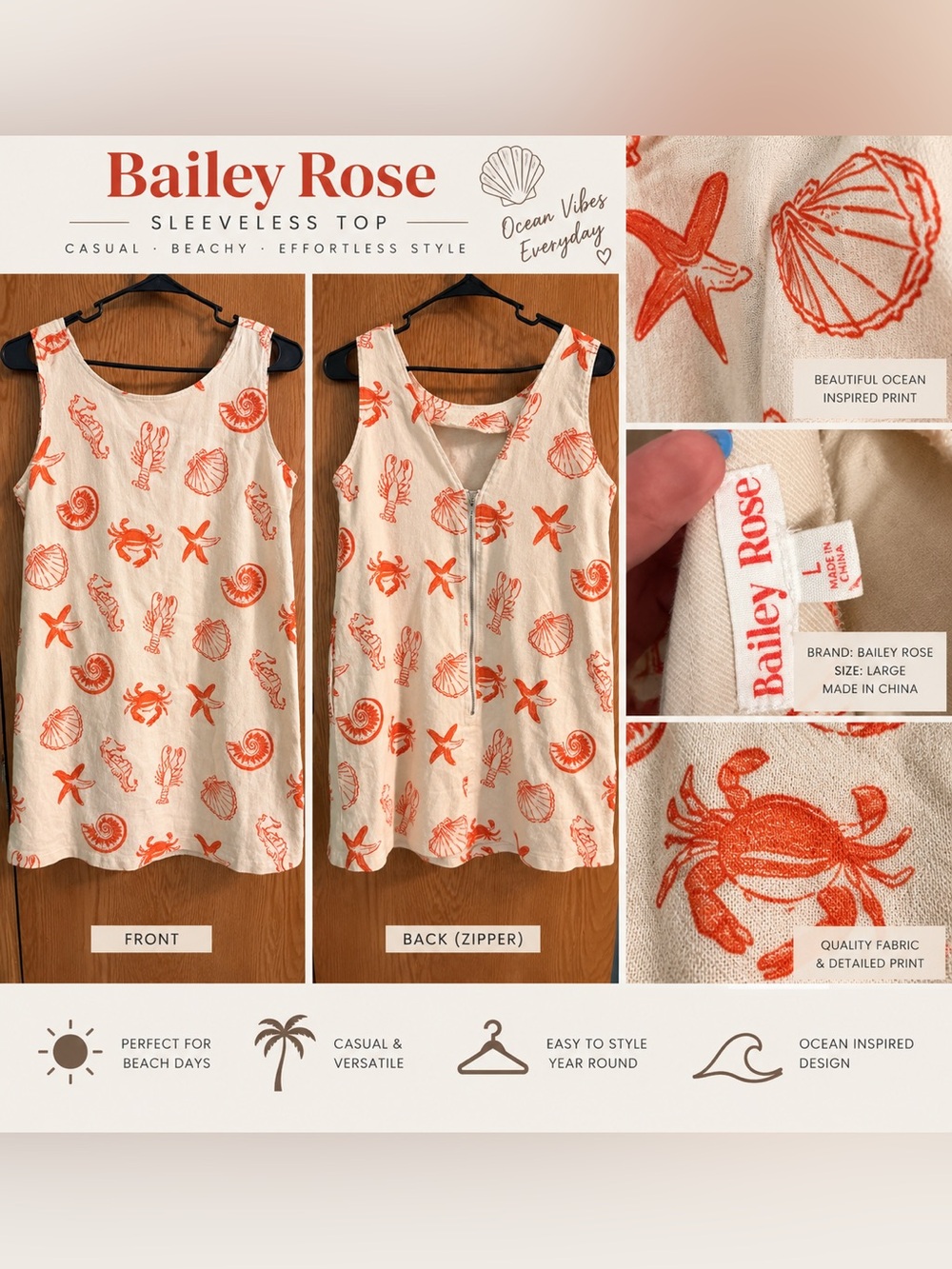 Women’s Sleeveless Beach Dress in Cream with Orange Print